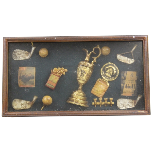 Framed Golf History Display With Replica Claret Jug, Old Club Heads, Balls & Photos 