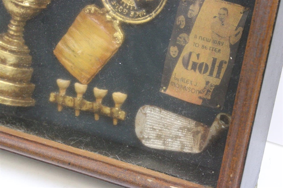 Framed Golf History Display With Replica Claret Jug, Old Club Heads, Balls & Photos 