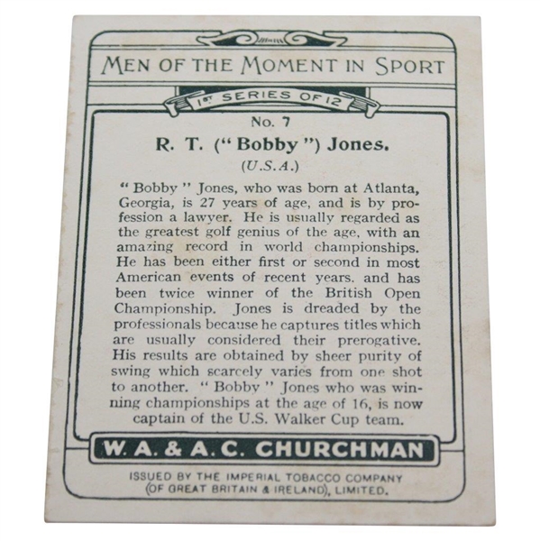 Vintage R.T. Bobby Jones W.A. & A.C. Churchman's Cigarettes No. 7 Golf Card