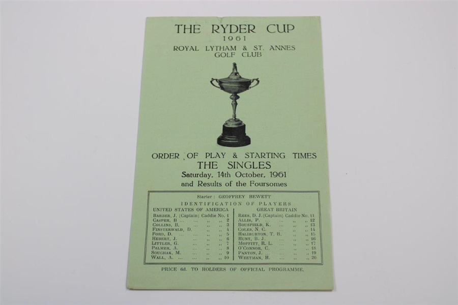 1961 Ryder Cup at Royal Lytham & St. Annes Golf Club official Program - USA 14 1/2-9 1/2