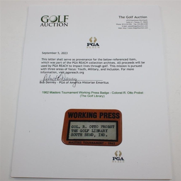 1962 Masters Tournament Working Press Badge - Colonel R. Otto Probst (The Golf Library)