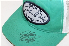 John Daly Signed 'Grip It & Rip It' Teal w/White & Navy Oval Patch Trucker Hat JSA ALOA