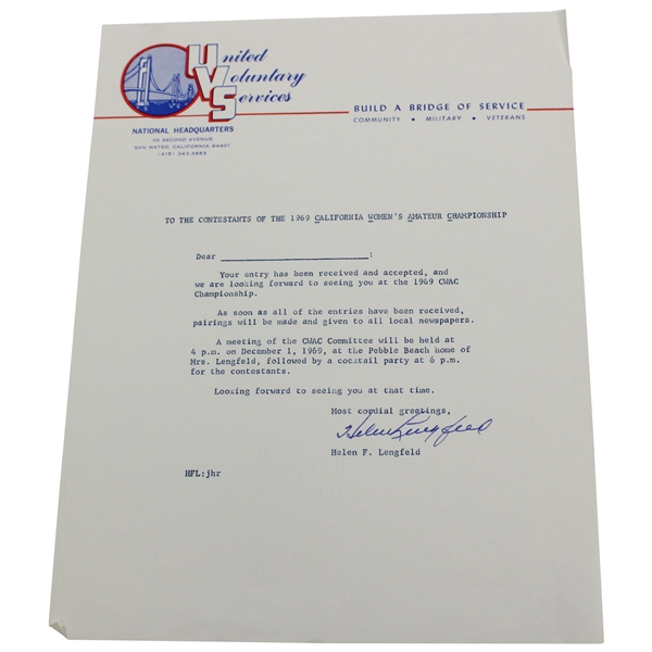 Helen Lengfeld Signed 1969 California Women's Amateur Contestant Acceptance Letter Pebble Beach Tournament Invitation