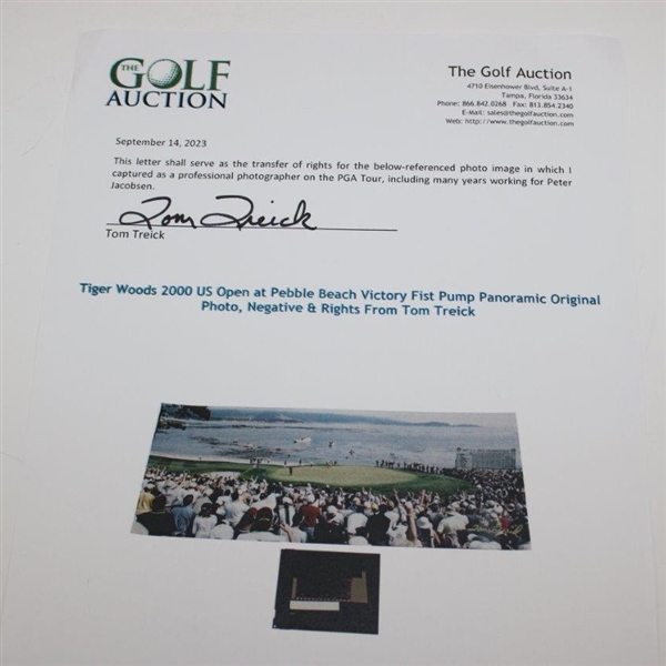 Tiger Woods 2000 US Open at Pebble Beach Victory Fist Pump Panoramic Original Photo, Negative & Rights From Tom Treick