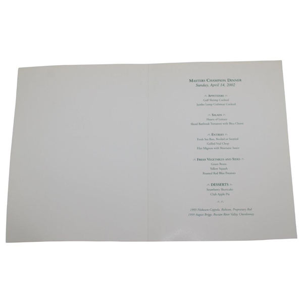 2002 Augusta National GC Masters Champion Dinner Menu from Night of Tiger Win