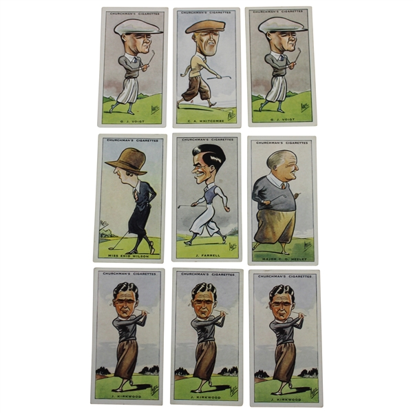 Nine (9) Assorted 1931 WA & AC Churchmans Prominent Golfers Tobacco Cards 