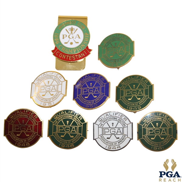 Nine (9) PGA Championship Contestant Badges - 1941, 1944, 1946, 1948-1951, 1953 & 1986