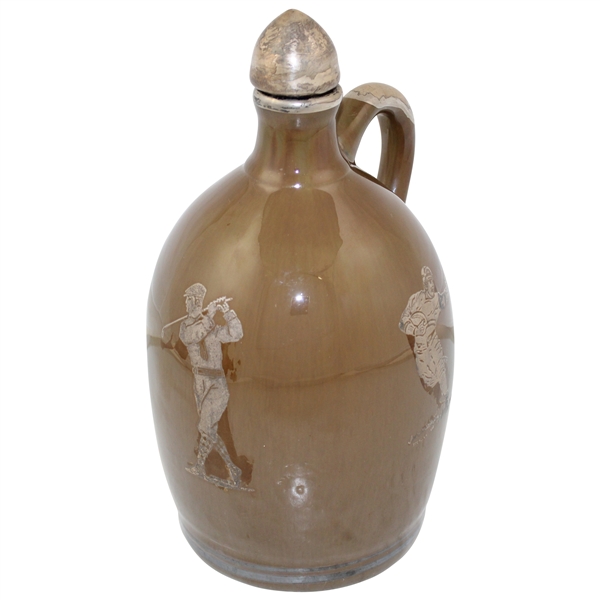 Antique Whiskey Jug Music Box With Sport Illustrations