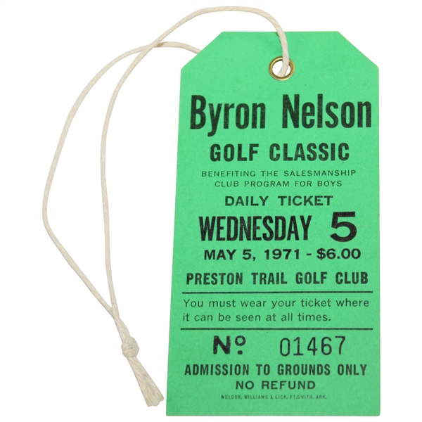 1971 Byron Nelson Golf Classic at Preston Trail Wednesday Ticket - Jack Nicklaus Win