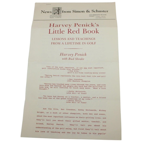 1992 'Harvey Penick's Little Red Book' By Harvey Penick With Simon & Schuster Promo Letter