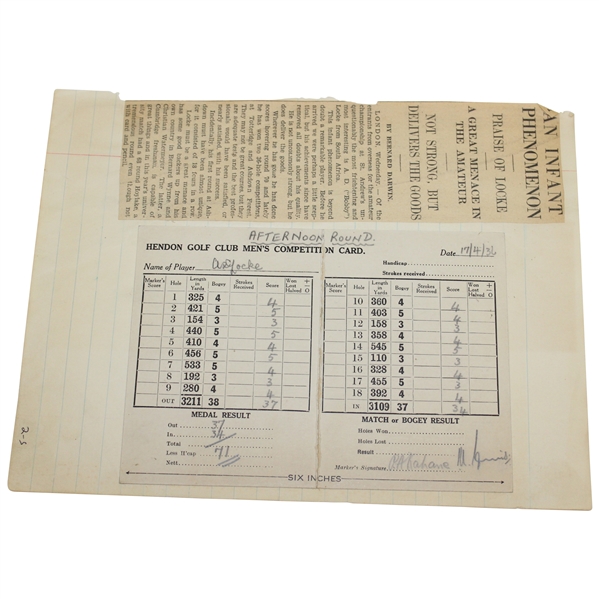 Bobby Locke Scorecard Dated 1936 & News Article