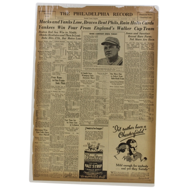 The Philadelphia Record Matted News Article Dated August 31, 1928 Jones And Sweetser Reveal Rare Form 1928 Walker Cup