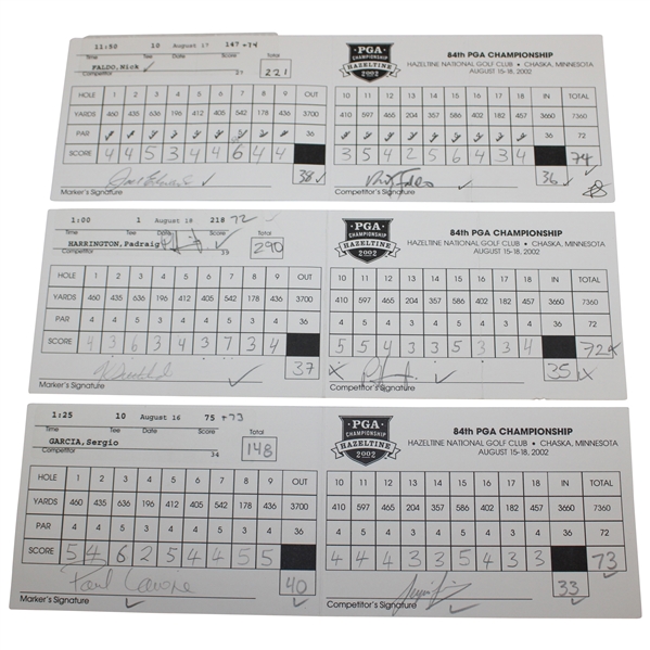 Faldo/Harrington/Sergio Signed 2002 PGA at Hazeltine Official Scorecards JSA ALOA