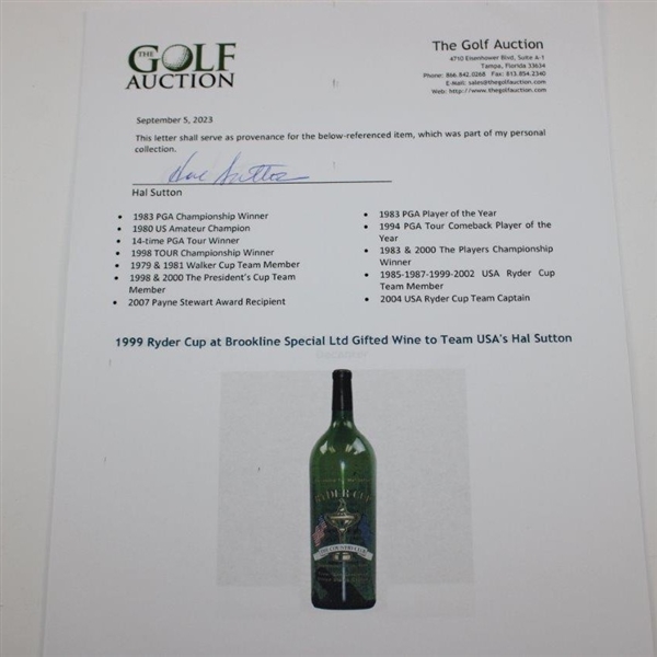 1999 Ryder Cup at Brookline Special Ltd Gifted Wine to Team USA's Hal Sutton
