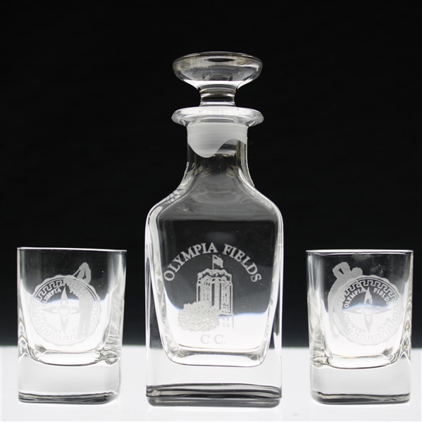 Olympia Fields Country Club Glass Decanter w/Two Shot Glasses in Box