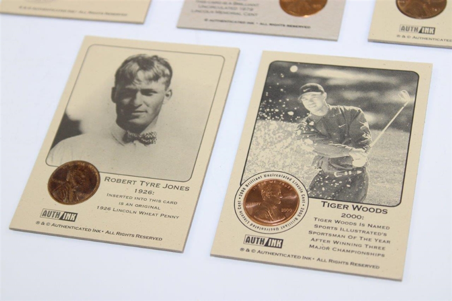Eight (8) Penny Golf Cards - Jones, Hagen, Tiger, Hogan, Armour, Palmer/Nicklaus & Nelson(x2)