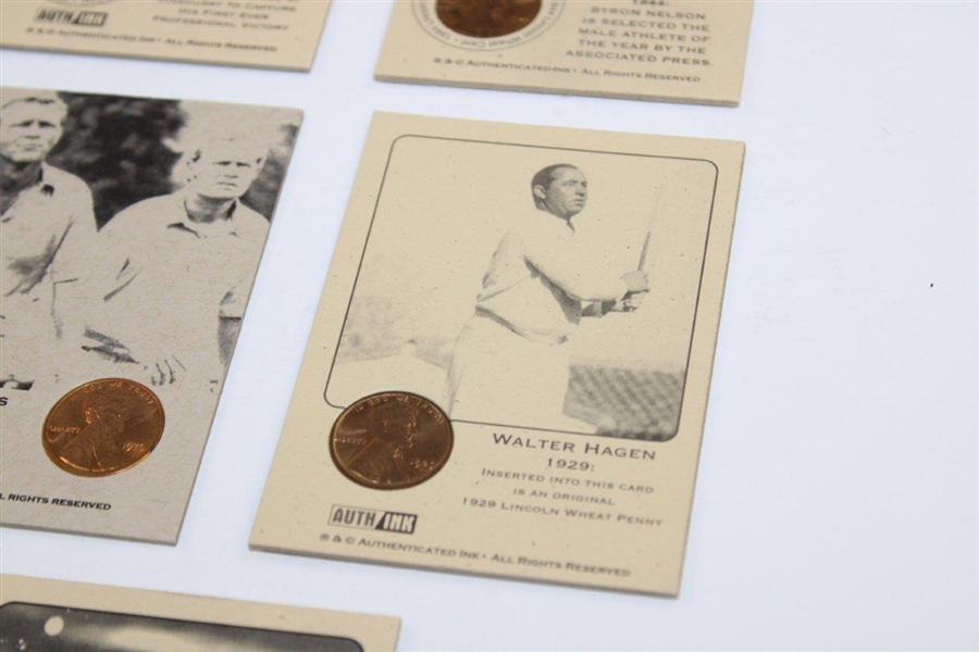 Eight (8) Penny Golf Cards - Jones, Hagen, Tiger, Hogan, Armour, Palmer/Nicklaus & Nelson(x2)