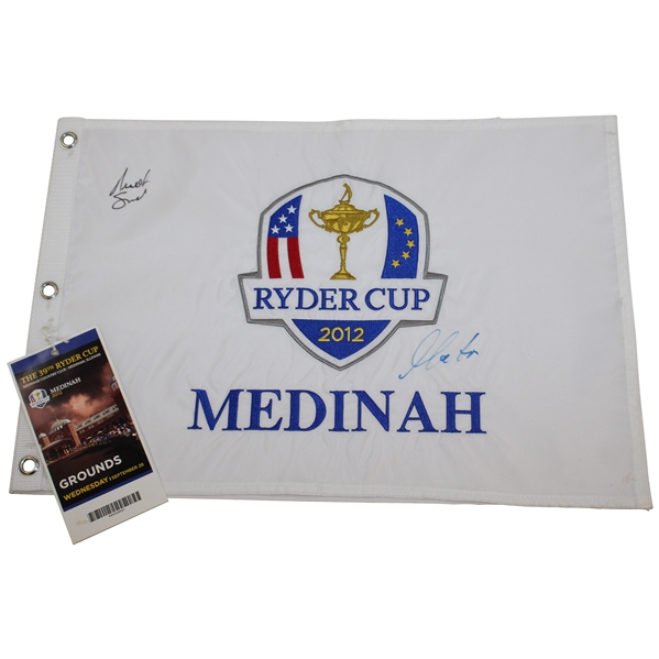Martin Kaymer & Brandt Snedeker Signed 2012 Ryder Cup Embroidered Flag w/Ticket JSA ALOA