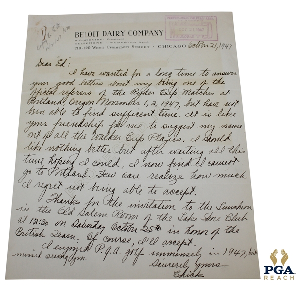 Chick Evans Signed 1947 Handwritten Letter to Ed Dudley on Beloit Dairy Co. Letterhead 10/21 JSA ALOA