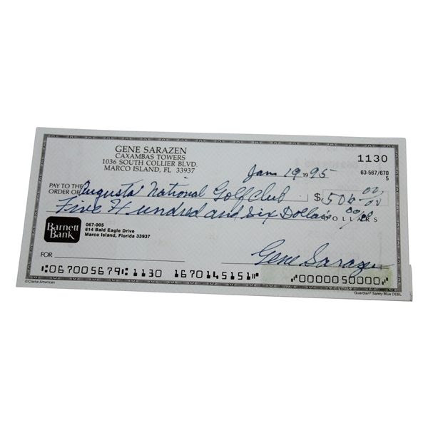 Gene Sarazen Signed 1995 Check to Augusta National Golf Club JSA# E59934