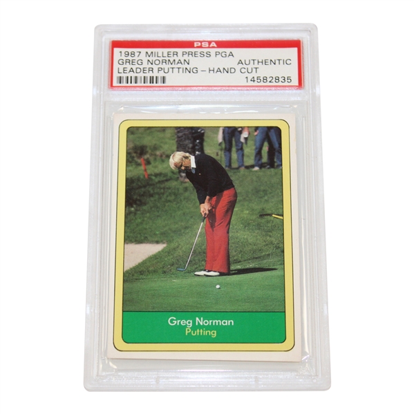 Greg Norman 1987 Miller Press PGA Leader Putting Hand Cut Golf Card PSA Authentic #14582835