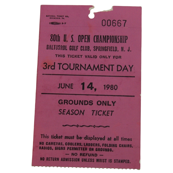 1980 US Open at Baltusrol Golf Club Saturday Ticket #00667 - Jack Nicklaus Win