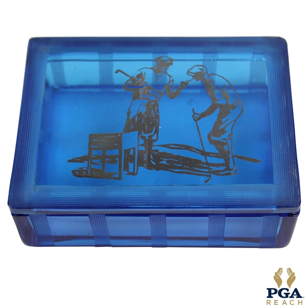 Vibrant Blue Glass Box with Silver Overlay Golfers on Lid