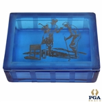 Vibrant Blue Glass Box with Silver Overlay Golfers on Lid