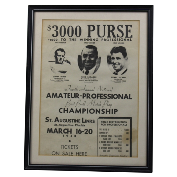 1938 Amateur-Professional Picard, Sarazen & Hines Best Ball Match Play Advert - Framed