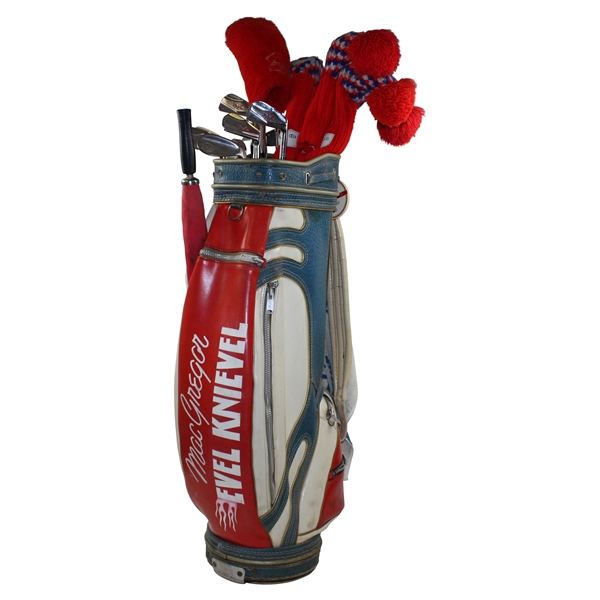 Evel Knievels Personal Match Used Golf Bag w/MacGregor Tourney Irons, Woods & Putter w/Headcovers