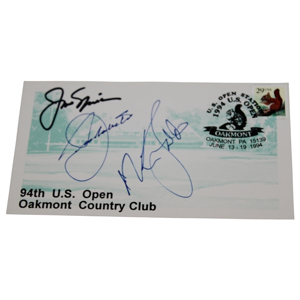Seve Ballesteros, Jack Nicklaus & Nick Faldo Signed 1994 Oakmont Cachet JSA ALOA
