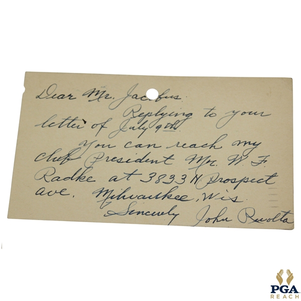 Johnny Revolta Signed 1935 Handwritten Letter to George Jacobus on Postcard 7/13 JSA ALOA