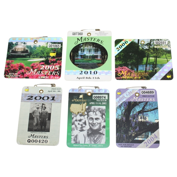 2001, 2002, 2004, 2005, 2006 & 2010 Masters SERIES Badges - Tiger & Mickelson Wins