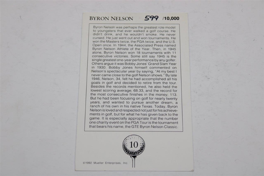 Byron Nelson Signed 1992 Mueller Golf Greatest Cards 599/10,000 JSA ALOA