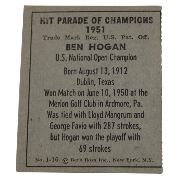 Ben Hogan 1951 Hit Parade of Champions No.1-16 Berk Ross Rookie Card 