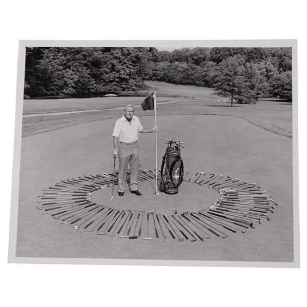Arnold Palmer at Latrobe 1985 Phil Sheldon Photo w/Golf Bag & Clubs Circled Around Him For Putting Book