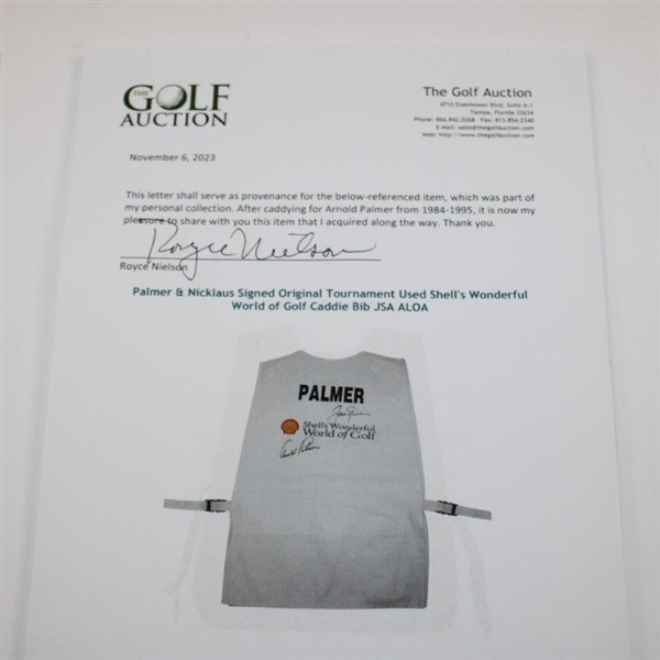 Palmer & Nicklaus Signed Original Tournament Used 1994 Shell's Wonderful World of Golf at Pinehurst Caddie Bib JSA ALOA 