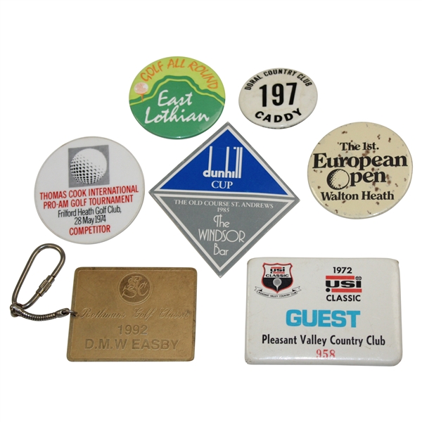 Seven (7) Various Badges, Pins & Tags - Dunhill Cup, 1972 USI Classic, Doral CC, & more