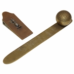 Brass Desk Letter Opener w/Dimple Golf Ball Handle & a Paperclip Holder w/Relief Period Golfer