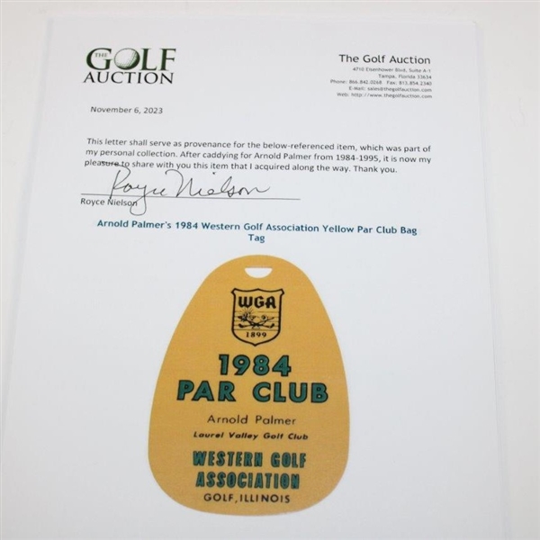 Arnold Palmer's 1984 Western Golf Association Yellow Par Club Bag Tag