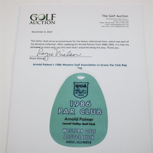 Arnold Palmer's 1986 Western Golf Association Lt Green Par Club Bag Tag