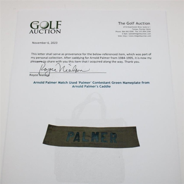 Arnold Palmer Match Used 'Palmer' Contestant Green Nameplate from Arnold Palmer's Caddie