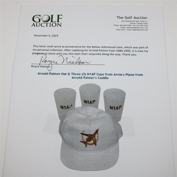 Arnold Palmer Hat & Three (3) N1AP Cups from Arnie's Plane from Arnold Palmer's Caddie