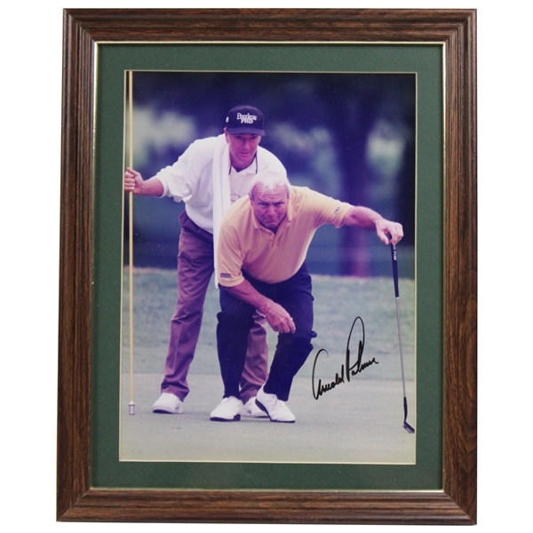 Arnold Palmer Signed Oversize Color Photo Lining Up Putt w/Caddie Royce Nielson - Framed JSA ALOA