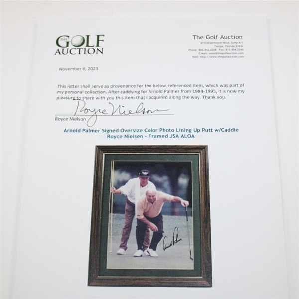 Arnold Palmer Signed Oversize Color Photo Lining Up Putt w/Caddie Royce Nielson - Framed JSA ALOA