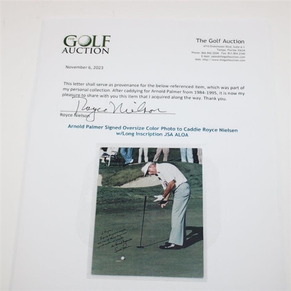 Arnold Palmer Signed Oversize Color Photo to Caddie Royce Nielson w/Long Inscription JSA ALOA