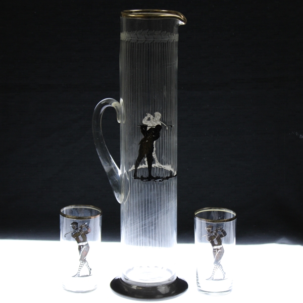 c.1920s Large Sterling Silver Overlay Mid Swing Golfer Cocktail Pitcher w/Glasses