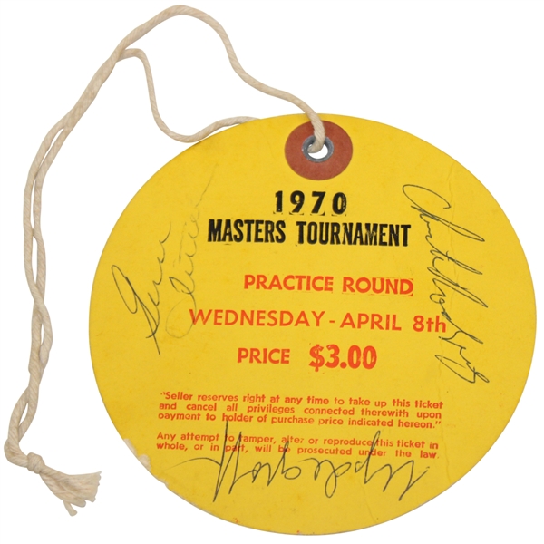 Champ Billy Casper, Palmer & others Signed 1970 Masters Wednesday Ticket #1839 JSA ALOA