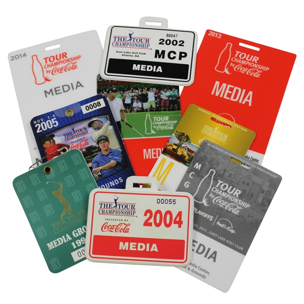 Nine (9) The Tour Championship Media Badges for Various Years