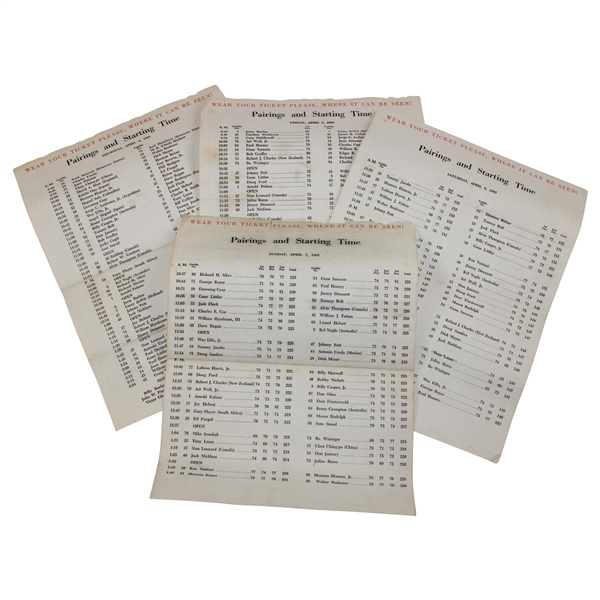 Complete 1963 Masters Thursday, Friday, Saturday & Sunday Pairing Sheets - Jack Nicklaus Winner
